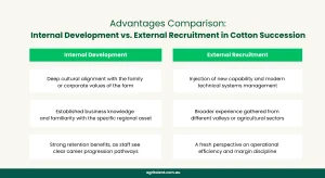 A comparison chart between internal development versus external recruitment for managing leadership succession in cotton operations.