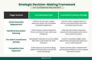 A strategic decision-making framework chart outlining core operational risks and commercial protection strategies for confidential executive search transitions.